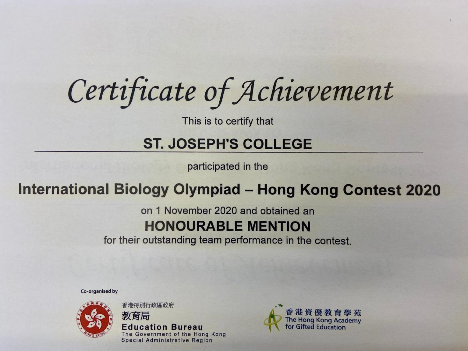 International Biology Olympiad 2020 St. Joseph's College ECA